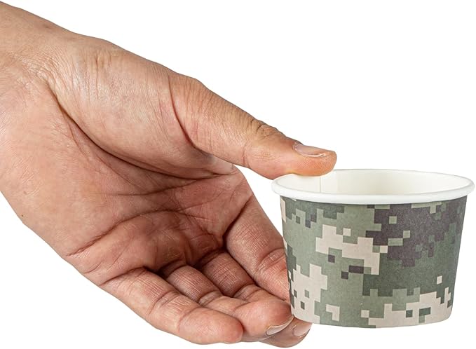 Restaurantware Coppetta 4-Ounce Dessert Cups, 50 Disposable Ice Cream Cups - Lids Sold Separately, Heavy-Duty, Camouflage Paper Frozen Yogurt Bowls, For Hot And Cold Foods