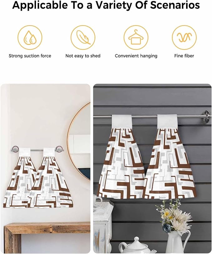Alandar Home Kitchen Tie Towel Set of 2, Geometric Brown Gray Stripes Absorbent Soft Hand Towels for Bathroom Hanging Towels, Modern Abstract Texture Fast Drying Cleaning Cloth with Loop