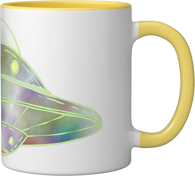 UFO UAP Flying Saucer Alien Spaceship Ceramic Mug, Yellow/White