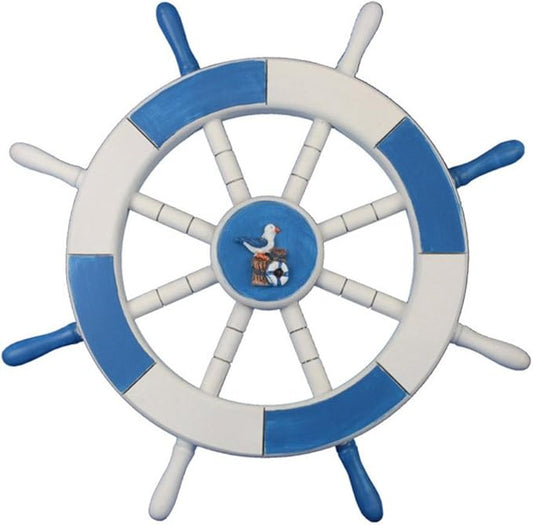 Hampton Nautical Light Blue & White Decorative Ship Wheel with Seagull & Lifering 18"
