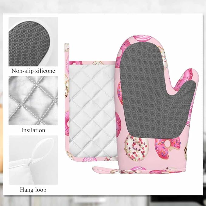 Mxocom Watercolor Donuts Silicone Oven Mitts and Pot Holders Sets Pink Donuts Background BBQ Gloves for Kitchen,Cooking,Baking,Grilling
