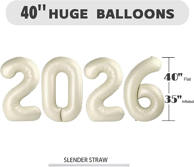 2026 Party Decorations, Cream Balloon Numbers for Happy New Years Eve Party, 40 Inch Balloon for 20 26 Girls Boys Birthday Graduation Wedding Anniversaries Party