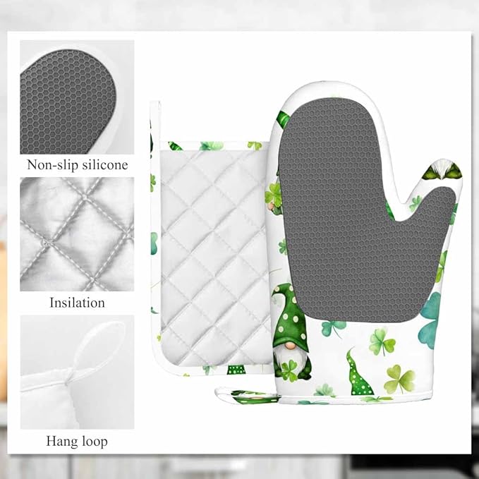 Mxocom Lucky Clover Leaves Oven Mitt and Pot Holder with Silicone St Patrick Day Gnomes Green Hat Watercolor Cartoon Dwarf Plant Heat Resistant Kitchen for Cooking BBQ Baking Grilling Spring