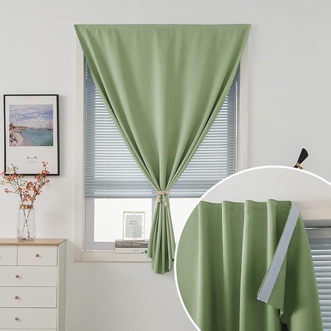 Magic Tape Blackout Curtains for Bedroom No Drillng Self Adhesive Curtains No Rod Small Window, 35" W X 79" L, Sage Green, 1 Panel