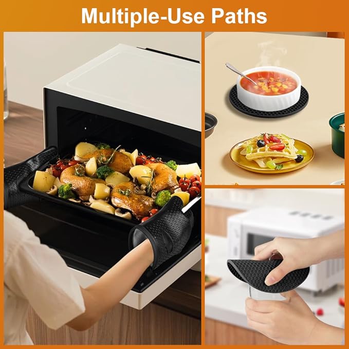 AUAUY Oven Mitts with 2 Pot Holders, Silicone Oven Gloves Heat Resistant 464°F, BBQ Gloves with Fingers, Non-Slip Oven Gloves, Cooking Gloves for Grilling Kitchen Baking Oven Microwave, Black