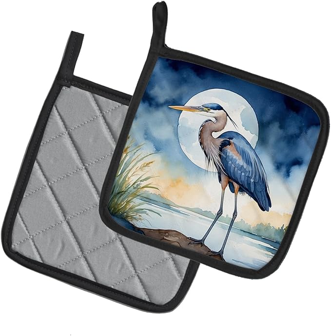 Caroline's Treasures Blue Heron Under The Moonlight Pair of Pot Holders Kitchen Heat Resistant Pot Holders Sets Oven Hot Pads for Cooking Baking BBQ, 7 1/2 x 7 1/2