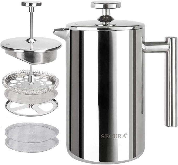 Secura French Press Coffee Maker, 304 Grade Stainless Steel Insulated Coffee Press with 2 Extra Screens, 12oz (0.35 Litre), Silver