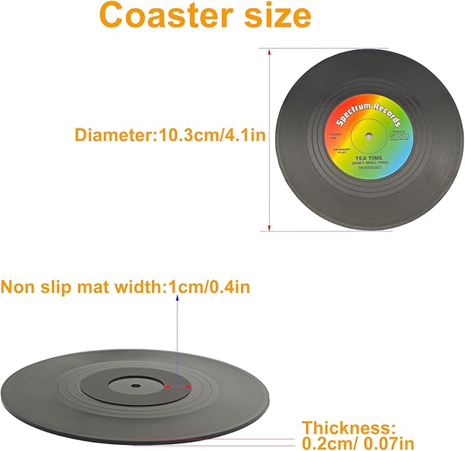 6-Coaster Set Retro Vinyl Coasters, Non-Slip & Heat-Resistant Cup Mats for Cold & Hot Drinks, Fits All Cup Types, Ideal Gift for Music Lovers & Retro Decor Fans (4.1 Inches)