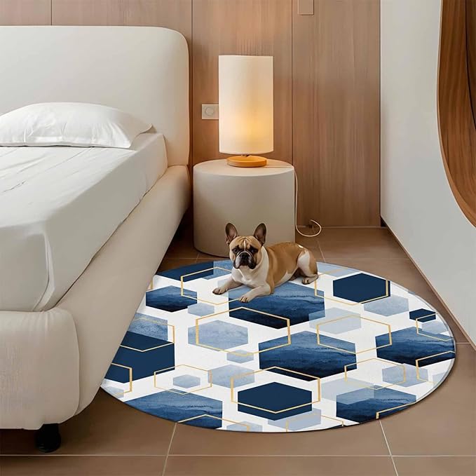 Washable Round Area Rug Watercolor Blue Hexagon Circle Rugs Floor Carpet for Living Room Bedroom, Abstract Geometric Art Soft Non Slip Round Rug 4ft