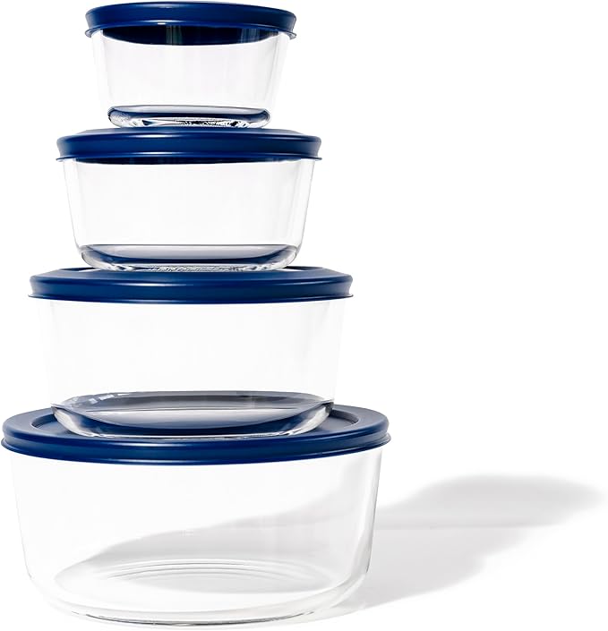 DURA LIVING 16-Piece Glass Food Storage Containers Set (8 Containers + 8 Lids) | Round, Nesting, Microwave & Dishwasher Safe | BPA-Free, Space-Saving | Color Lids for Pantry & Kitchen Organization