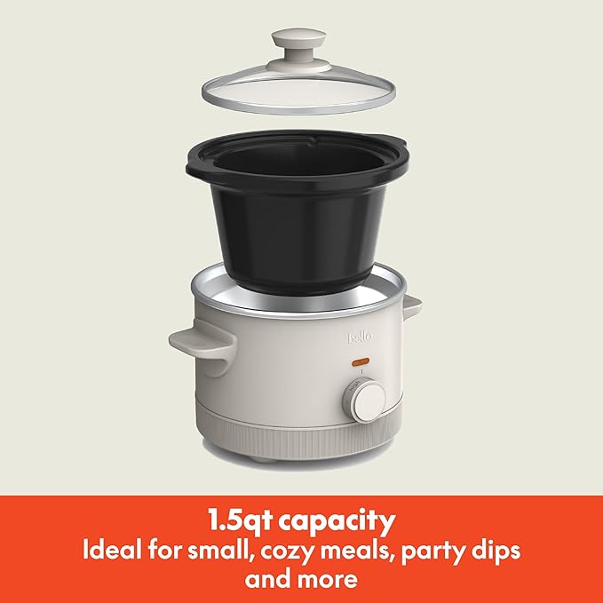 bella 1.5 Qt Slow Cooker with 3 Heat Manual Control, Ceramic Nonstick Coating, Dishwasher Safe Stoneware Pot and Tempered Glass Lid, Tangle Free Cord Wrap & Cool Touch Handles, Oatmilk