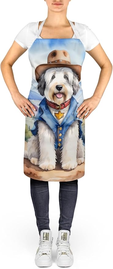 Caroline's Treasures Old English Sheepdog Cowboy Welcome Apron Cooking Kitchen Server Baking Crafts Gardening for Adult Women Men, Unisex, Large, Multicolor