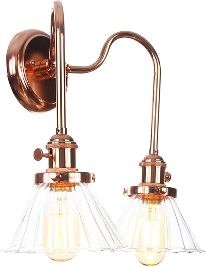 Wall Lamps with Switch, 2-Lights Rose Gold Bathroom Vanity Lights Wall Mounted Lighting Clear Glass Lampshade Wall Sconces(Color:A)