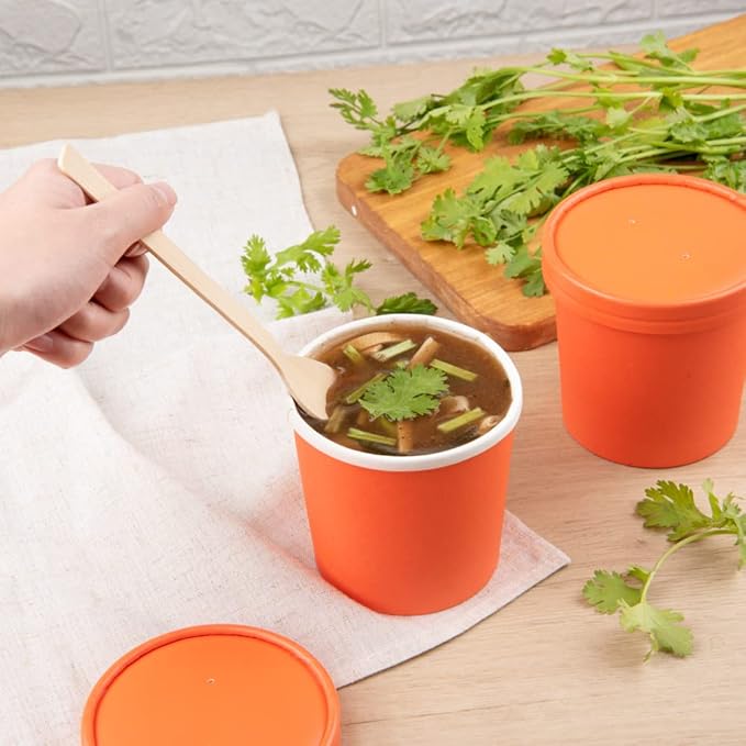 Restaurantware Bio Tek 12 Ounce Disposable Soup Cups 200 Microwavable Paper Soup Cups - Vented Lids Sold Separately Hot And Cold Foods Orange Paper To Go Soup Containers For Desserts Or Treats