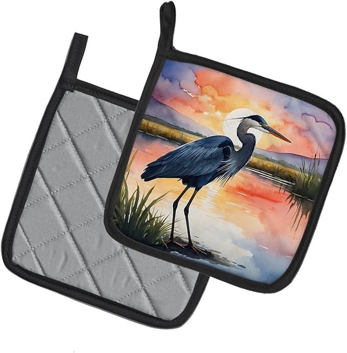 Caroline's Treasures Blue Heron Setting Sun Pair of Pot Holders Kitchen Heat Resistant Pot Holders Sets Oven Hot Pads for Cooking Baking BBQ, 7 1/2 x 7 1/2