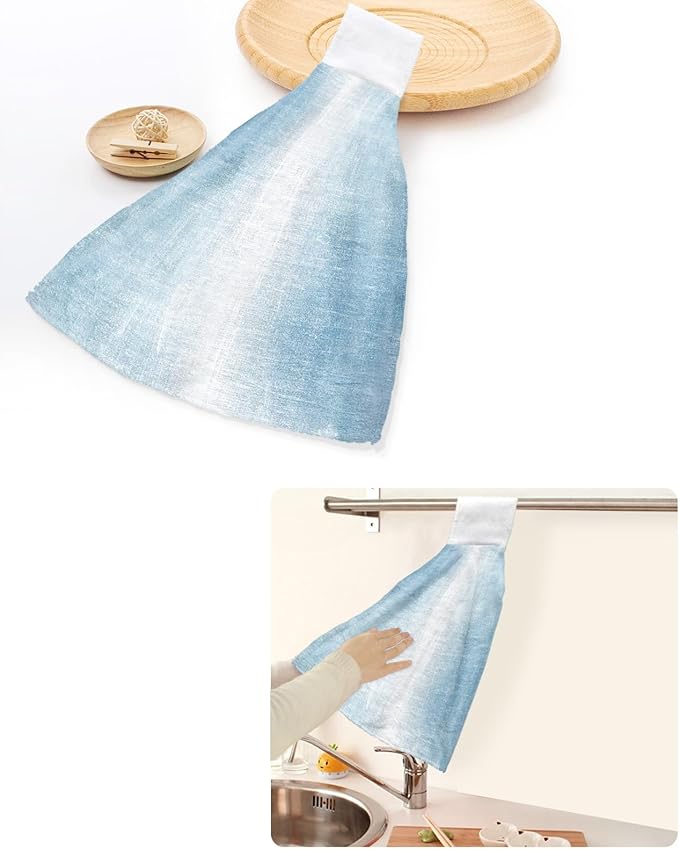 Alandar Home Kitchen Tie Towel Set of 2, Abstract Vintage Oil Painting Art Absorbent Soft Hand Towels for Bathroom Hanging Towels, Blue and White Artwork Texture Fast Drying Cleaning Cloth with Loop
