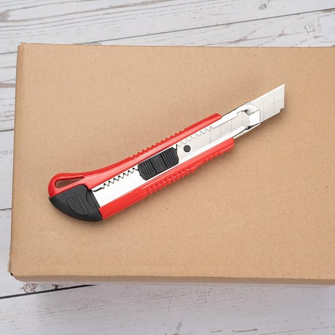 Handy Tek 6.5 Inch Utility Knives, 4 Anti-Slip Box Knives - Heavy Duty, Retractable, Red Plastic Box Cutters, Built-In Lock, Sharp Blade - Restaurantware