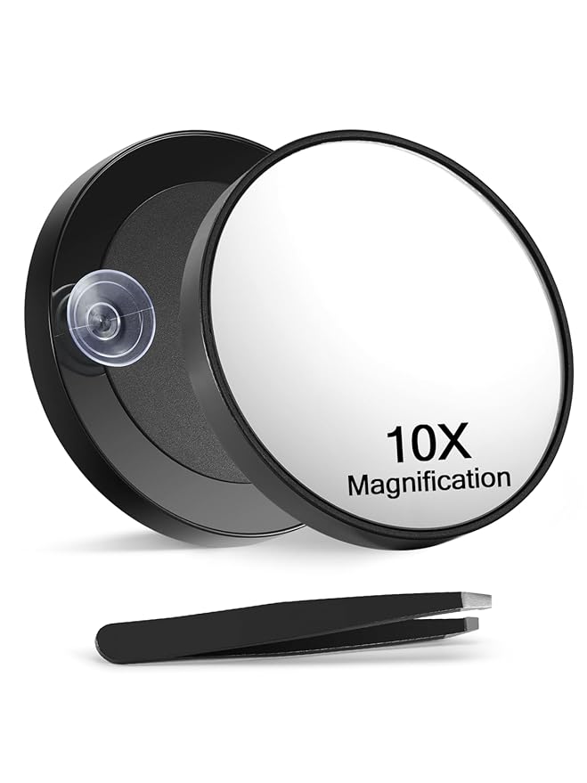 Macaki 10X Magnifying Mirror with 2 Suction Cups, 3.5 inches Magnified Makeup Mirror and Slant Tweezers,Black,1PC