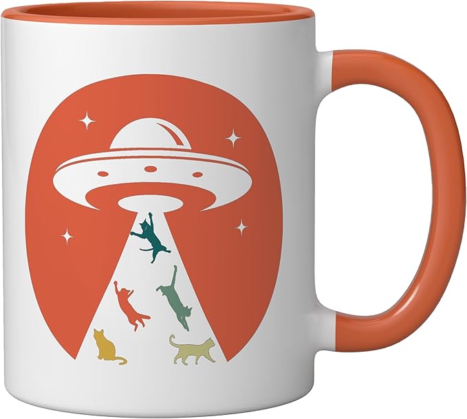 Cat UFO Funny Cat humor Kitten Owner UFO lover flying saucer Ceramic Mug, Orange/White