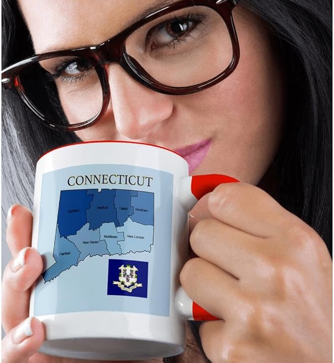 3dRose Flag and map of the state of Connecticut with counties labeled 15oz Two-Tone Red Mug