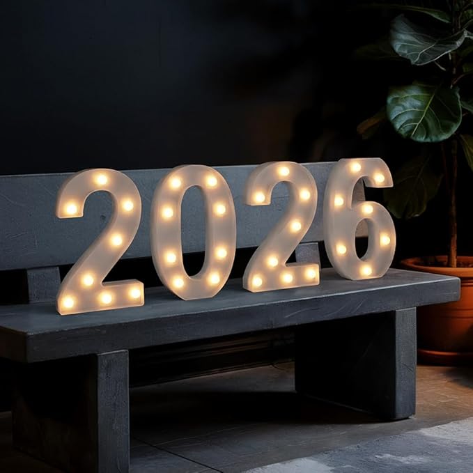 Marquee Numbers 2026 Light up Numbers 2026 Marquee Number for New Year Decorations Battery Powered LED Light White Plastic Number Sign for Happy New Year Graduation Engagement Wedding Birthday Decor