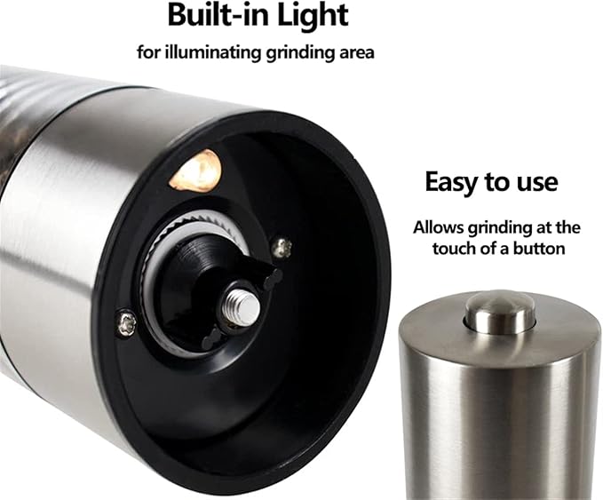 Pepper Mill Grinder 2 Pcs Stainless Steel Electric Salt and Pepper Mill Set Herb Spice Grinder Adjustable Coarseness One Handed Operation Kitchen Gadget for Home, Barbecue, Party (Color : 1) (5 )