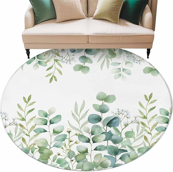 Sage Green Eucalyptus Leaves 8ft Round Rug, Farmhouse Botanical Non-Skid Rubber Backing Large Area Rugs - Living Room Bedroom Home Office, Country Indoor Floor Mat Carpets Washable Rug