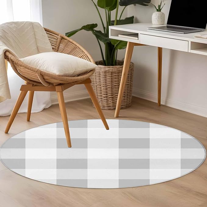 Washable Round Area Rug Light Grey White Plaid Circle Rugs Floor Carpet for Living Room Bedroom, Farmhouse Decoration Buffalo Check Soft Non Slip Round Rug 4ft