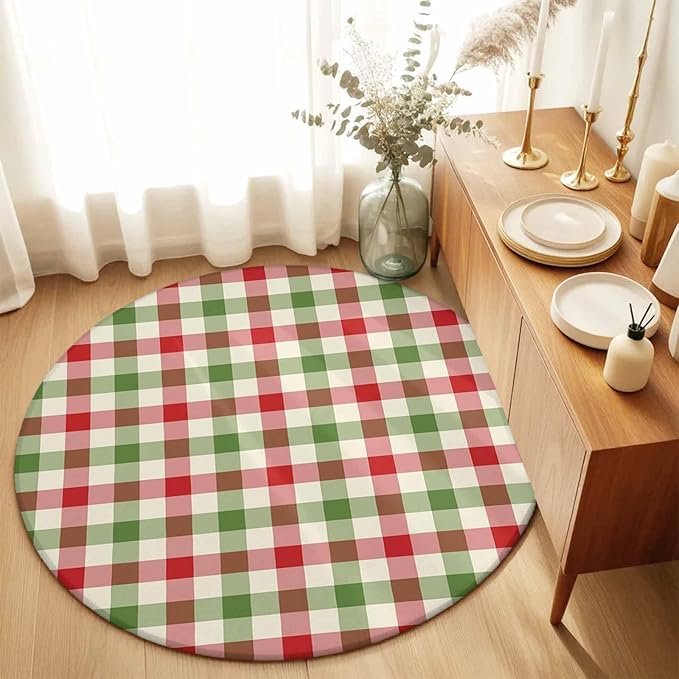 Washable Round Area Rug Vintage Pastoral Red Green Buffalo Gingham Circle Rugs Floor Carpet for Living Room Bedroom, Christmas Plaid Soft Non Slip Round Rug 5ft