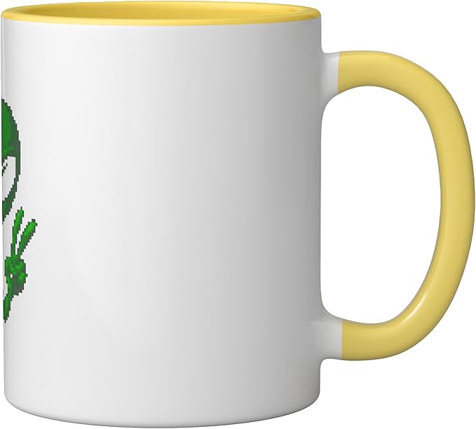 Art Alien Peace Sign UFO Ceramic Mug, Yellow/White