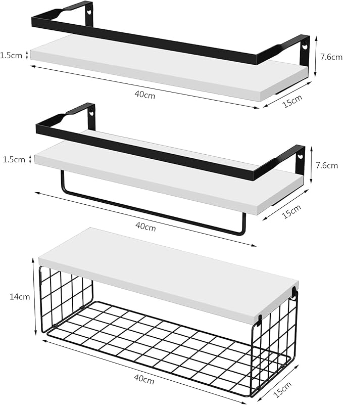 Upgrade Towel Racks for Bathroom Wall Mounted, 3 Pack Floating Shelves with Storage Basket, Bathroom Organizes, Wall Mounted Rustic Wood Shelves for Bedroom, Living Room, Kitchen (White)