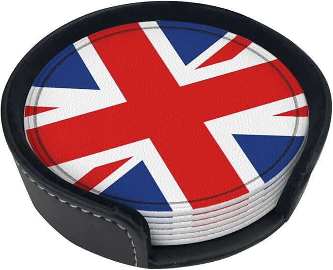 United Kingdom Flag Leather Drinks Coasters with Holder, Set of 6, Suitable for Various Cups