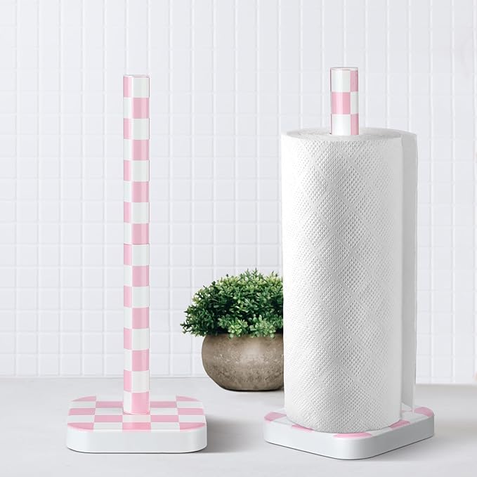 Teenyyou Pink Checkerboard Paper Towel Holder Countertop Wood Standing Paper Roll Holder with Anti Skid Base Pink Decorative for Kitchen Bathrooms Living Room