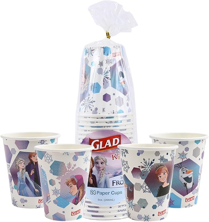 Glad for Kids Disney Frozen Disposable Paper Cups, Anna and Elsa - Heavy Duty Soak-Proof Kid-Friendly Drinking Cups, Great for Everyday Meals and Snacks, 9 oz, 24 Count