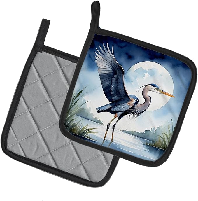 Caroline's Treasures Blue Heron Under The Moonlight Pair of Pot Holders Kitchen Heat Resistant Pot Holders Sets Oven Hot Pads for Cooking Baking BBQ, 7 1/2 x 7 1/2