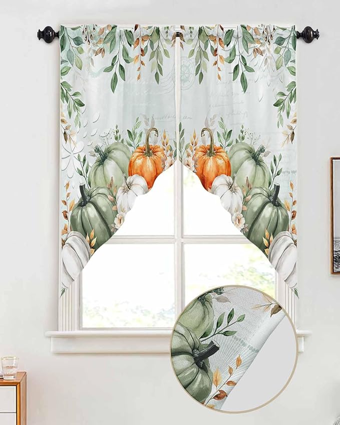 Sage Green Orange Pumpkins Eucalyptus Leaves Fall Swag Valance Curtains Autumn Thanksgiving Vintage Texture Rod Pocket Kitchen Curtains, Scalloped Window Treatment Valances, 1 Pair, 36"W x 36"L