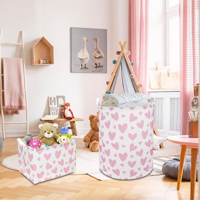 NTAOHAMPER 24L Mothers Day Gifts Pink Heart Fabric Storage Basket Empty with Handles, Books Box, Lovely Storage (Pink Heart)