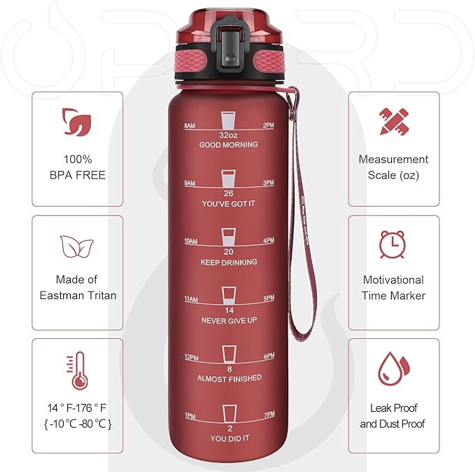 Opard Zip 32oz Plastic Water Bottle Dishwasher Safe, Leakproof Flip-Top Lid, BPA Free Tritan, Wide Mouth Reusable Sports Water Bottle for Gym Hiking Commuting Outdoor Travel and School