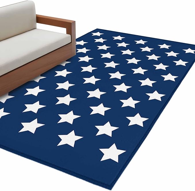 Area Rug 3x5ft, 4th of July White Star on Navy Blue Washable Rugs for Living Room Bedroom, Independence Freedom Liberty Soft Non-Slip Area Rugs Rectangle Floor Carpet for Dining Room