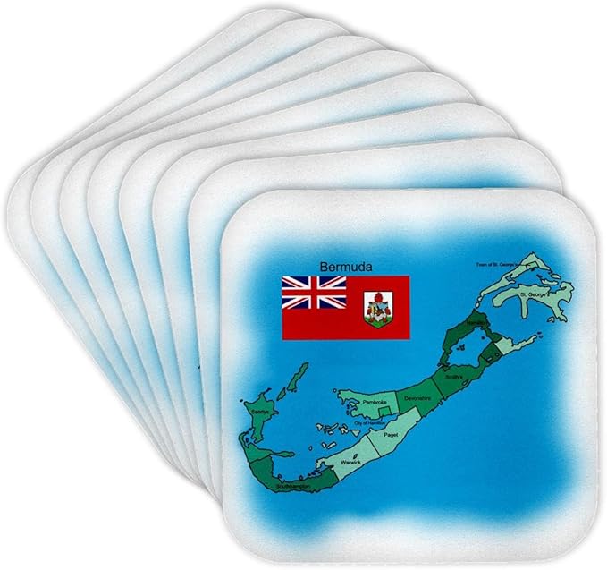 3dRose Flag and Map of The British Overseas Island Territory Bermuda and All Parishes Colored and Labeled - Soft Coasters, Set of 8 (CST_151937_2)