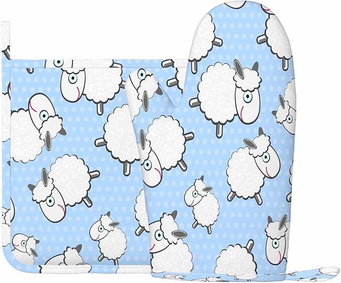 Mxocom Sheep Heat-Resistant Oven Mitts and Pot Holder Cute Animal White Sheep Llama Blue Polka Dots Kitchen Non-Slip Cooking Microwave Gloves for Cooking Baking Grilling