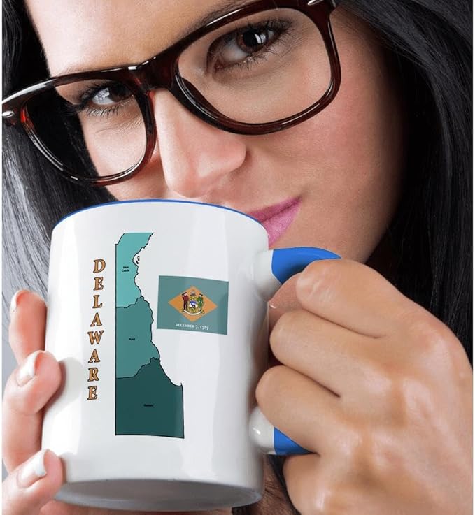 3dRose Map and flag of Delaware with counties labeled and colored. 11oz Two-Tone Blue Mug