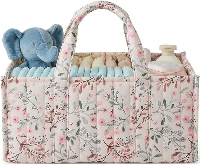 Quilted Fabric Storage Basket Floral Baby Diaper Caddy Quilted Basket Organizer for Newborn Nursery Bedroom Car Storage