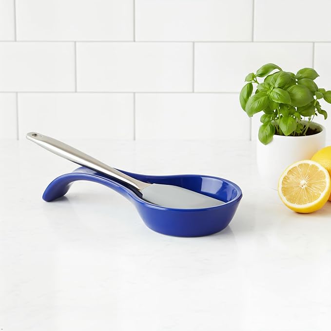 Reston Lloyd Kitchen Counter Utensil Spoon Rest, Ladles, Spaghetti Forks, & Spatulas, Durable BPA-Free Plastic – Dishwasher Safe, Décor, Space Saving Hanging Hole on Handle, Indigo