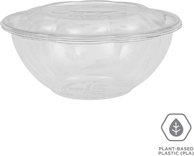 ECO PRODUCTS Compostable 24oz Salad Bowl, Clear PLA Plastic, With Lid, Case of 150, Grab 'n' Go Round Cold Takeout Food Containers, Renewable Plant-Based, Disposable, ASTM Compliant, BPI-Certified