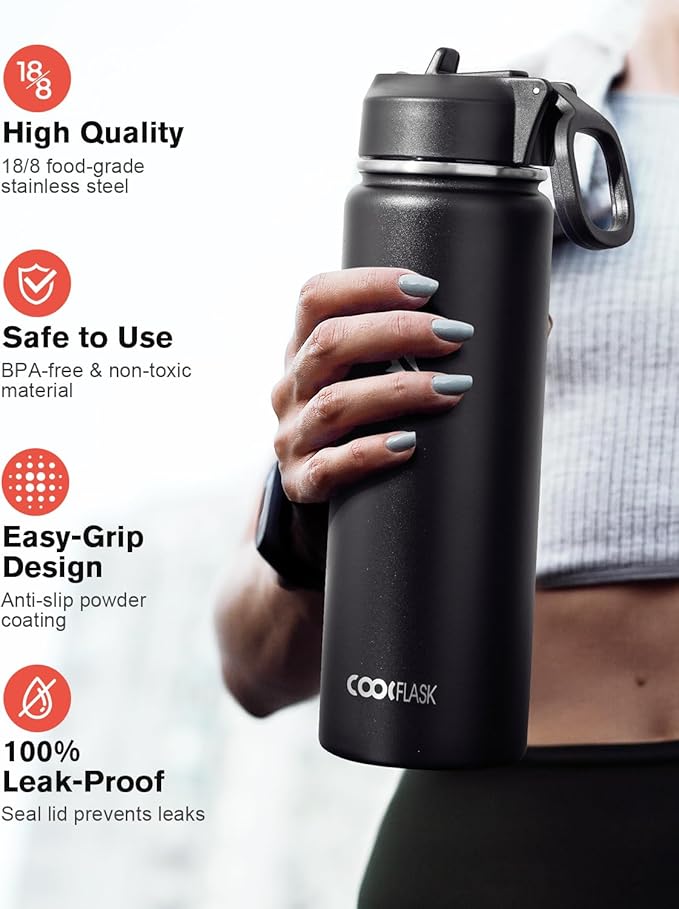 Coolflask Water Bottle 20 oz Insulated with Straw, Stainless Steel Metal 3 Lids Water Flask Wide Mouth for Sports or Office, Non-BPA Keep Cold Up to 48 Hrs or Hot Up to 24 Hrs, Magic Black