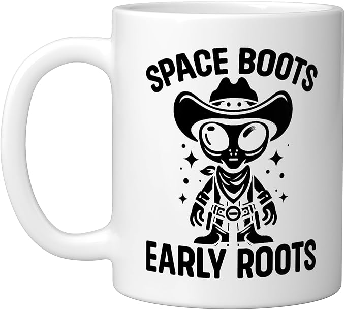 Alien Lover Flying Saucer UFO Extraterrestrial Cowboy Ceramic Mug, White