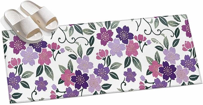 Runner Rug for Bedroom Hallway, Country Purple Pink Flower Green Leaf Kitchen Runner Rugs Area Rug 2x6ft, Pastoral Floral Plant Washable Soft Floor Carpet for Entryway Stair