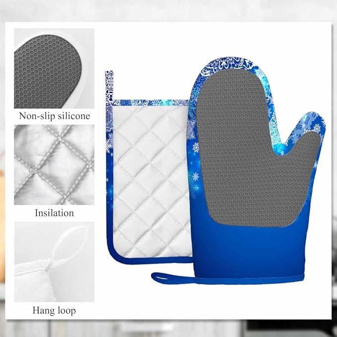 Mxocom Snowflake Oven Mitts and Pot Holders Sets Blue and White Background Silicone Heat Resistant Kitchen Oven Gloves Pot Holder for Cooking