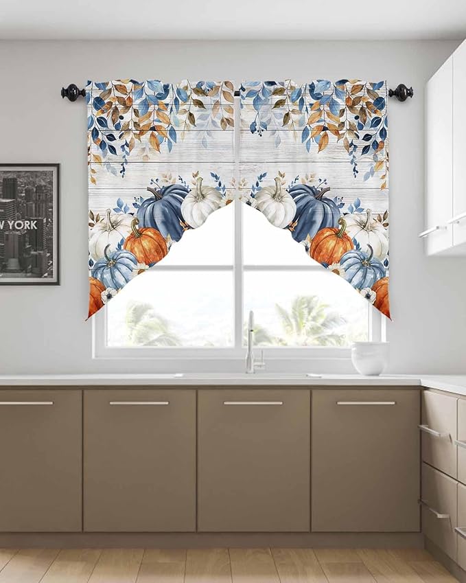 Blue White Orange Pumpkins Eucalyptus Leaves Fall Swag Valance Curtains Autumn Thanksgiving Vintage Wood Grain Rod Pocket Kitchen Curtains, Scalloped Window Treatment Valances, 1 Pair, 28"W x 36"L